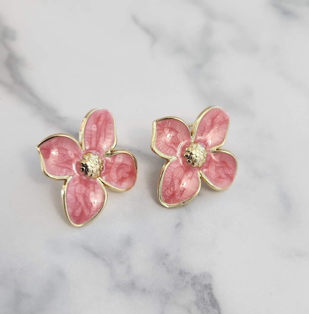 Gold & Pink Enamel Floral Stainless Steel Stud Earrings - Picture 2 of 10